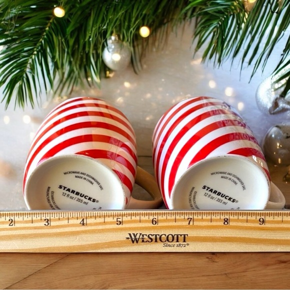 STARBUCKS Candy Stripe Red & White Christmas Mugs - 12oz (Set of 2) - Picture 5 of 10